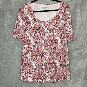 Croft & Barrow 2X Top Shirt Pink Paisley Short Sleeve Scoop Neck Cotton Knit